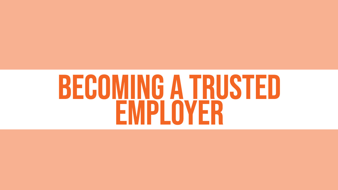Text graphic with an orange background and the words "Becoming a Trusted Employer" in bold orange letters centered on a white stripe, featuring MOD Ventures LLC—your experts in Accounting and Fractional CFO services.