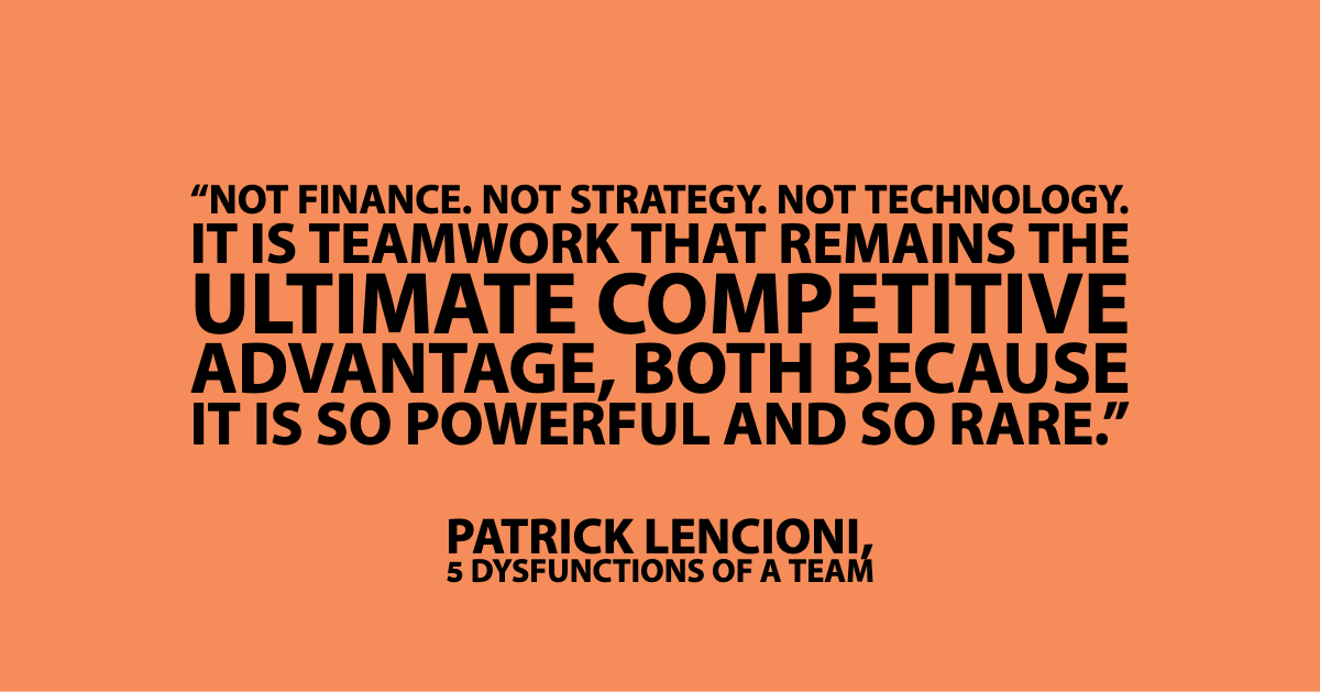 Quote on a solid orange background emphasizing teamwork as the ultimate competitive advantage, attributed to Patrick Lencioni, 5 Dysfunctions of a Team—an inspiring reminder for Accounting and CPA professionals at MOD Ventures LLC.
