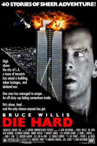 Movie poster for "Die Hard," one of the best alternative Christmas movies, featuring a burning skyscraper, a helicopter, Bruce Willis’s face, and bold red title text. Text describes a hostage situation and an off-duty cop’s escape attempt.