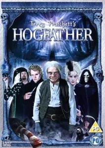 DVD cover of "Terry Pratchett's Hogfather" featuring five main characters in fantasy costumes, set against a blue mystical background with an icy decorative frame—perfect for fans of Alternative Christmas Movies.