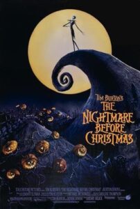 A tall skeleton stands on a spiraled hill under a large full moon, surrounded by carved pumpkins, with the text "The Nightmare Before Christmas" prominently displayed—an iconic choice among Alternative Christmas Movies.