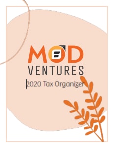 Cover of a document titled "MOD Ventures 2020 Tax Organizer" from MOD Ventures LLC, featuring abstract shapes and an orange plant graphic. Ideal for CPA and Fractional CFO services.