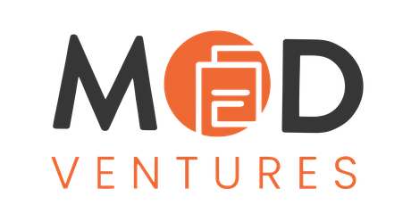 Logo for MOD Ventures LLC featuring bold black "MOD" letters, with an orange circle and document icon as the "O," symbolizing their CPA and Fractional CFO expertise, and "VENTURES" written in orange below.