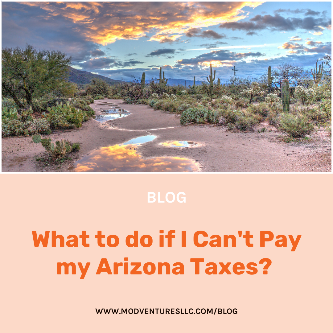 A desert landscape with cacti under a cloudy sky appears above a text box that reads, "What to do if I can't pay my Arizona taxes? MOD Ventures LLC, your trusted CPA. www.modventuresllc.com/blog".