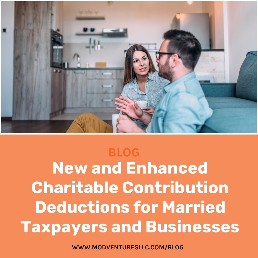 A couple sits and talks in a modern living room; below is a headline about charitable contribution deductions for married taxpayers and businesses, highlighting the importance of CPA guidance and accounting expertise.