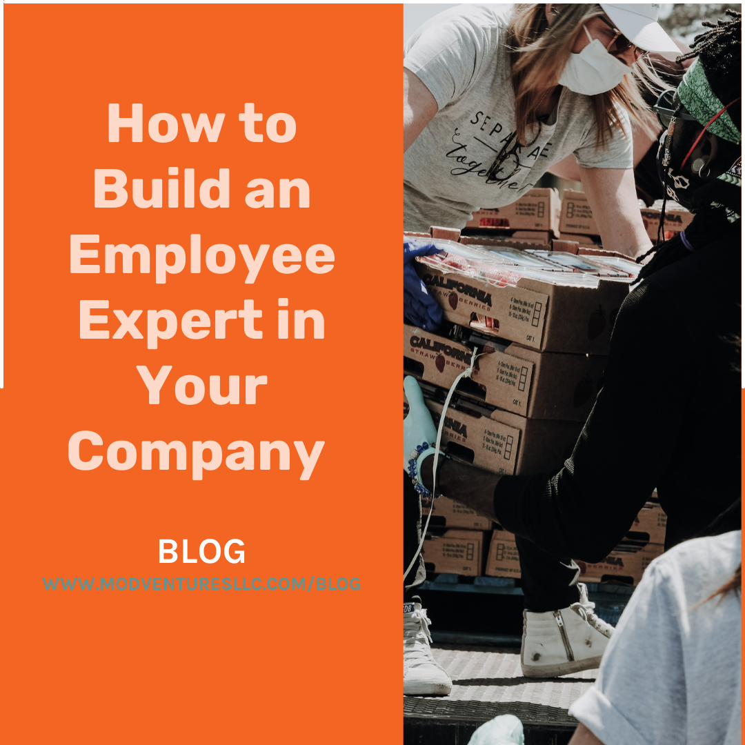 People unloading boxes from a truck beside an orange text box that reads "How to build an employee expert in your company.