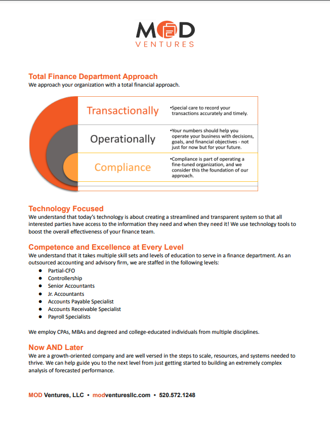 An informational flyer for MOD Ventures highlighting their finance department services, expertise as CPAs, technology-driven solutions, and Fractional CFO offerings, with contact details at the bottom.