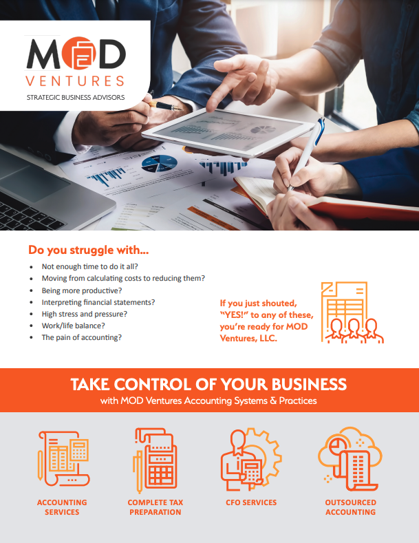 Two people review financial documents and graphs at a desk; the flyer promotes MOD Ventures LLC’s business accounting and Fractional CFO services, with highlighted offerings from experienced CPAs and clear contact information.