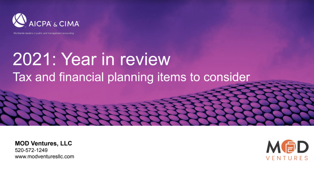 Presentation slide titled "2021: Year in review," focusing on tax and financial planning, features MOD Ventures LLC, CPA contact info, and a purple abstract background for a professional accounting presentation.