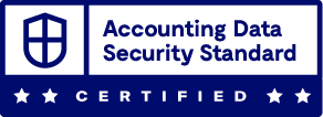 Blue and white badge with a shield icon and the text "Accounting Data Security Standard CERTIFIED" with four stars below, representing MOD Ventures LLC’s commitment to secure accounting practices.