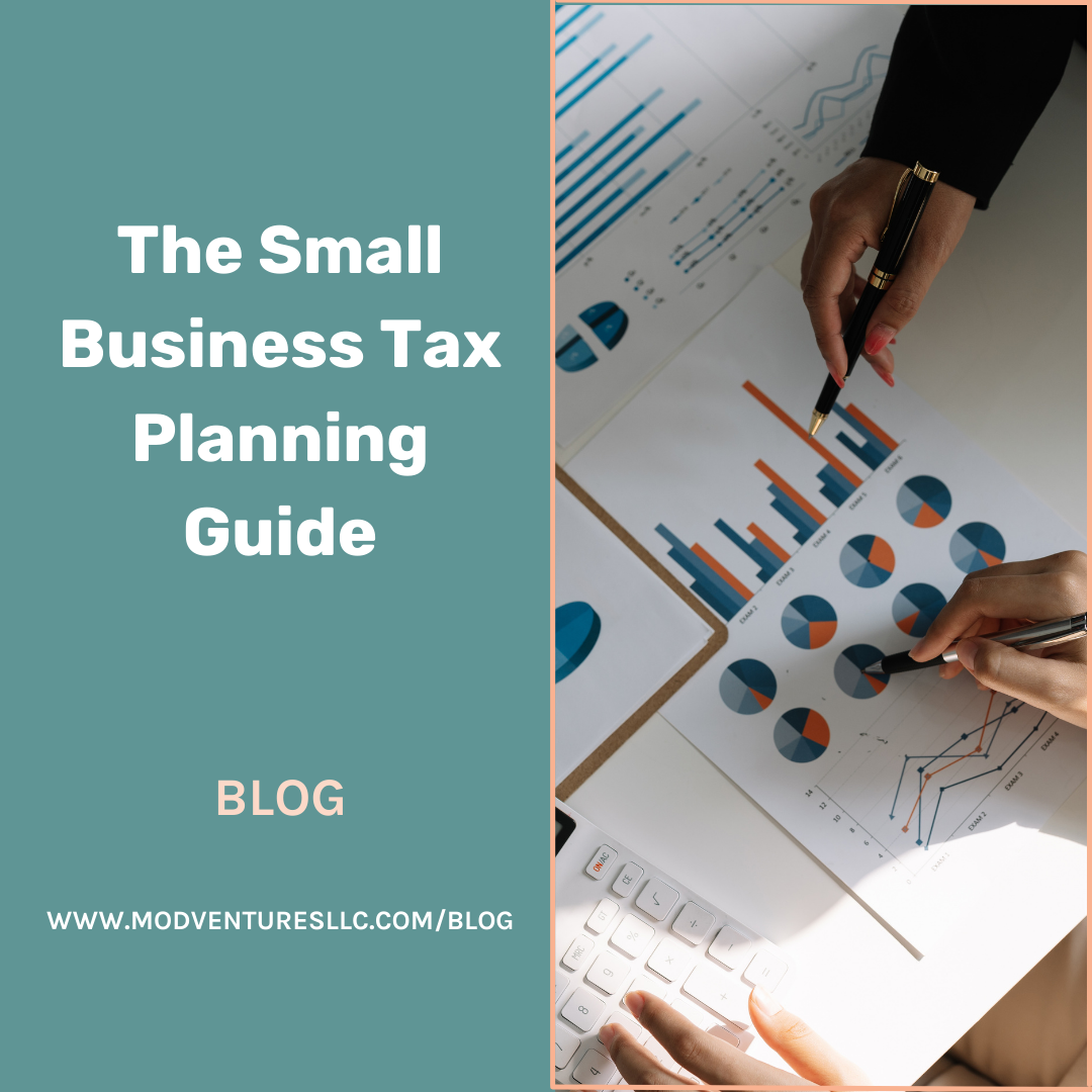 Two people review printed business charts and graphs at a desk, with a CPA providing insights; text reads "The Small Business Tax Planning Guide - Blog.