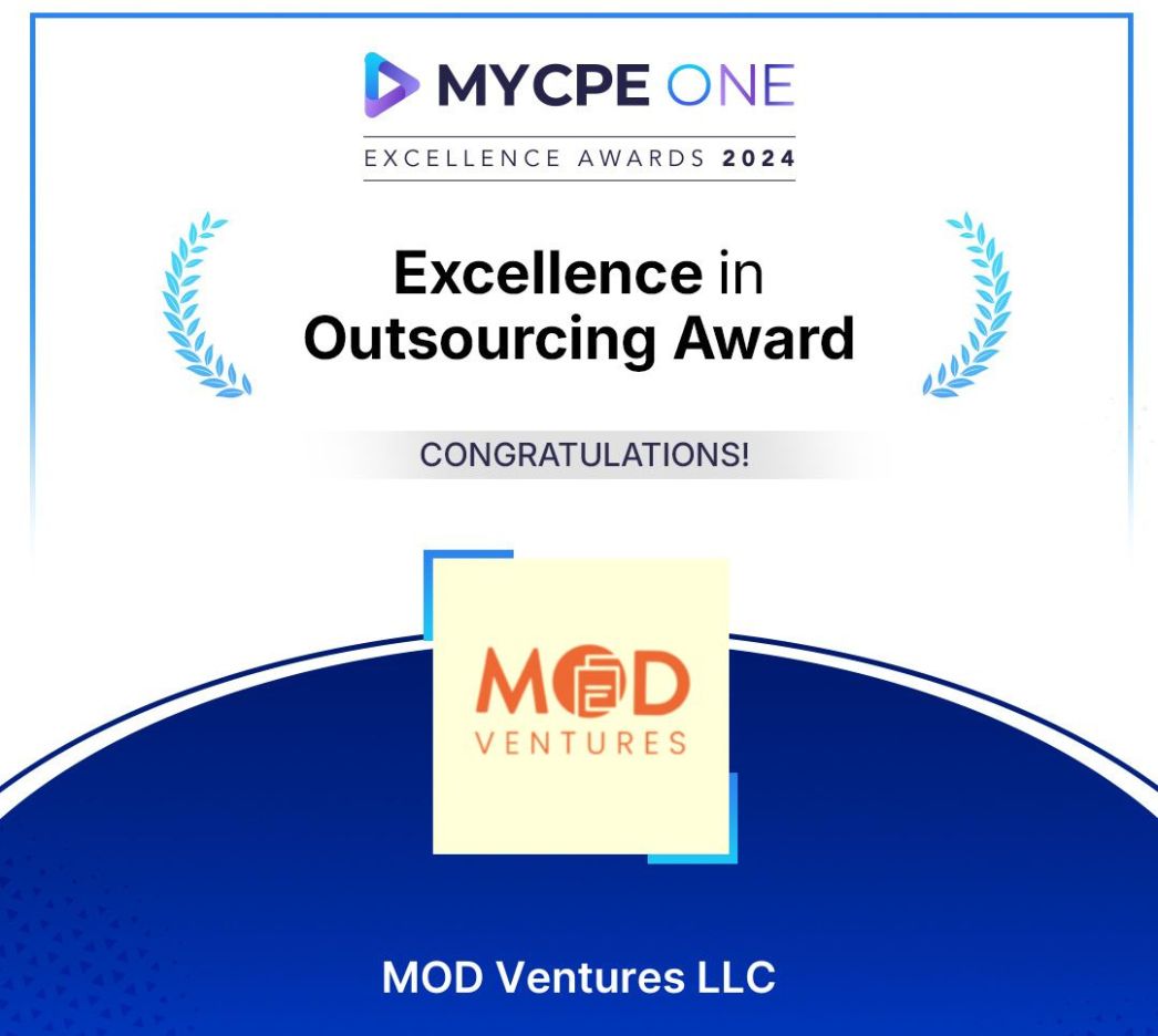 A graphic announces MOD Ventures LLC, recognized for its outstanding Accounting and Fractional CFO services, as the winner of the Excellence in Outsourcing Award at the MYCPE ONE Excellence Awards 2024.