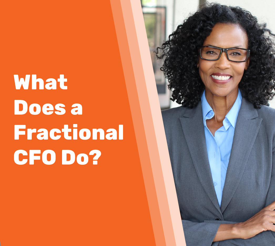 Smiling woman in a business suit stands beside text that reads, "What Does a Fractional CFO Do?" on an orange and peach split background.