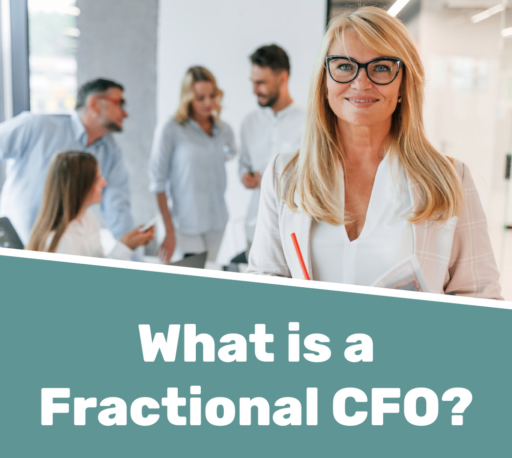 A woman in business attire stands in the foreground with four colleagues conversing in the background. Text reads, "What is a Fractional CFO?.