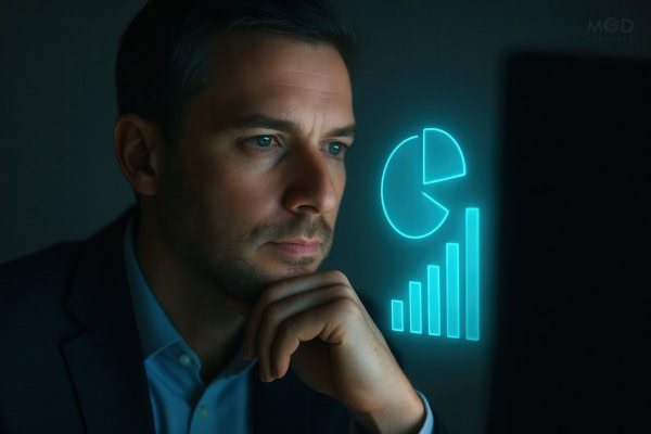 A man in a suit looks at a computer screen displaying digital graphics of a pie chart and a bar graph, analyzing financial data—an example scenario for an outsourced CFO.