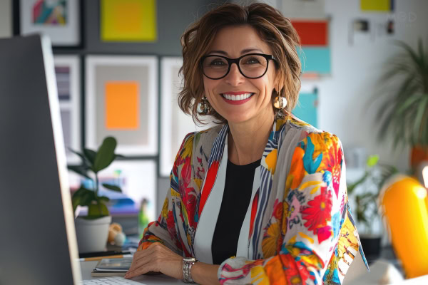 Woman wearing glasses and a colorful floral blazer sits at a desk, smiling, with a computer and framed artwork in the background—reflecting on how a fractional CFO differs from a full-time CFO. Fractional CFO vs. Full-Time CFO analysis.