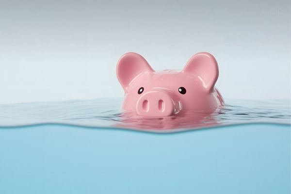 A pink piggy bank is partially submerged in water, with only its face and ears visible above the surface—symbolizing cash flow problems.