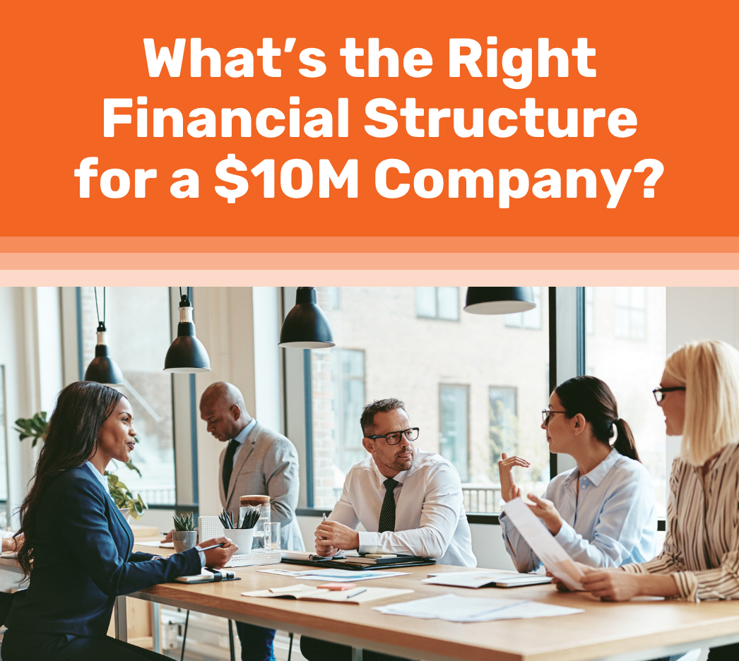 Four business professionals sit around a table in a modern office, discussing financial strategies; text above reads, “What’s the Right Financial Structure for a $10M Company?”.