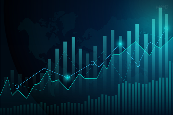 Bar and line graph with data points rising over time, suggesting the growth of a $10M company, displayed on a dark blue background with a faint world map outline.