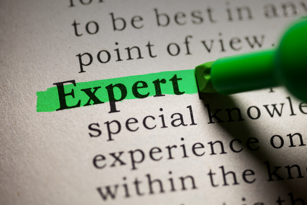 A green highlighter marks the word "Expert" in a printed dictionary or book text, emphasizing the expertise required in bookkeeping and process improvements for bookkeepers.