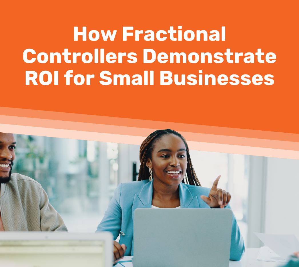 Two people sit at a desk with laptops, discussing work. Text above reads, "How Fractional Controllers Demonstrate ROI for Small Businesses.
