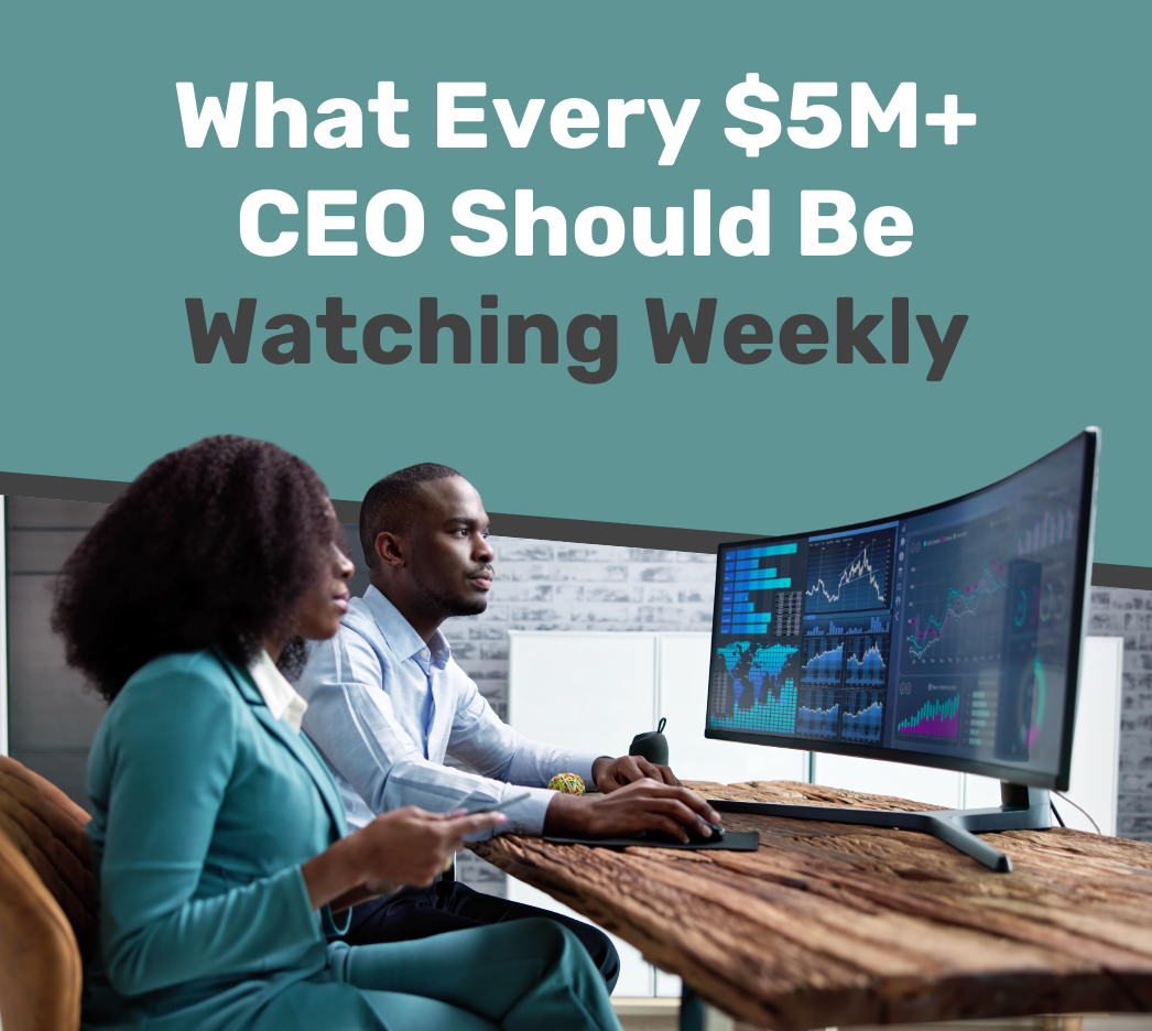 Two business professionals sit at a desk, analyzing financial data on large curved monitors, with text about CEOs of $5M+ companies and weekly performance monitoring displayed above them.