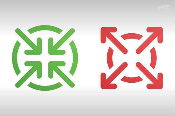 Green icon with arrows pointing inward on left; red icon with arrows pointing outward on right, both inside circles on a light background—representing the balance at the core of CPA responsibilities.