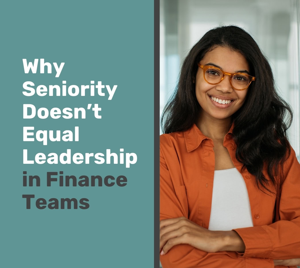 A woman with glasses and long dark hair smiles with arms crossed next to text about seniority and leadership in finance teams.
